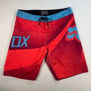Fox Racing 10" Board Shorts Men's 34 Red Micro-Suede Y2K Swim Trunks 12486